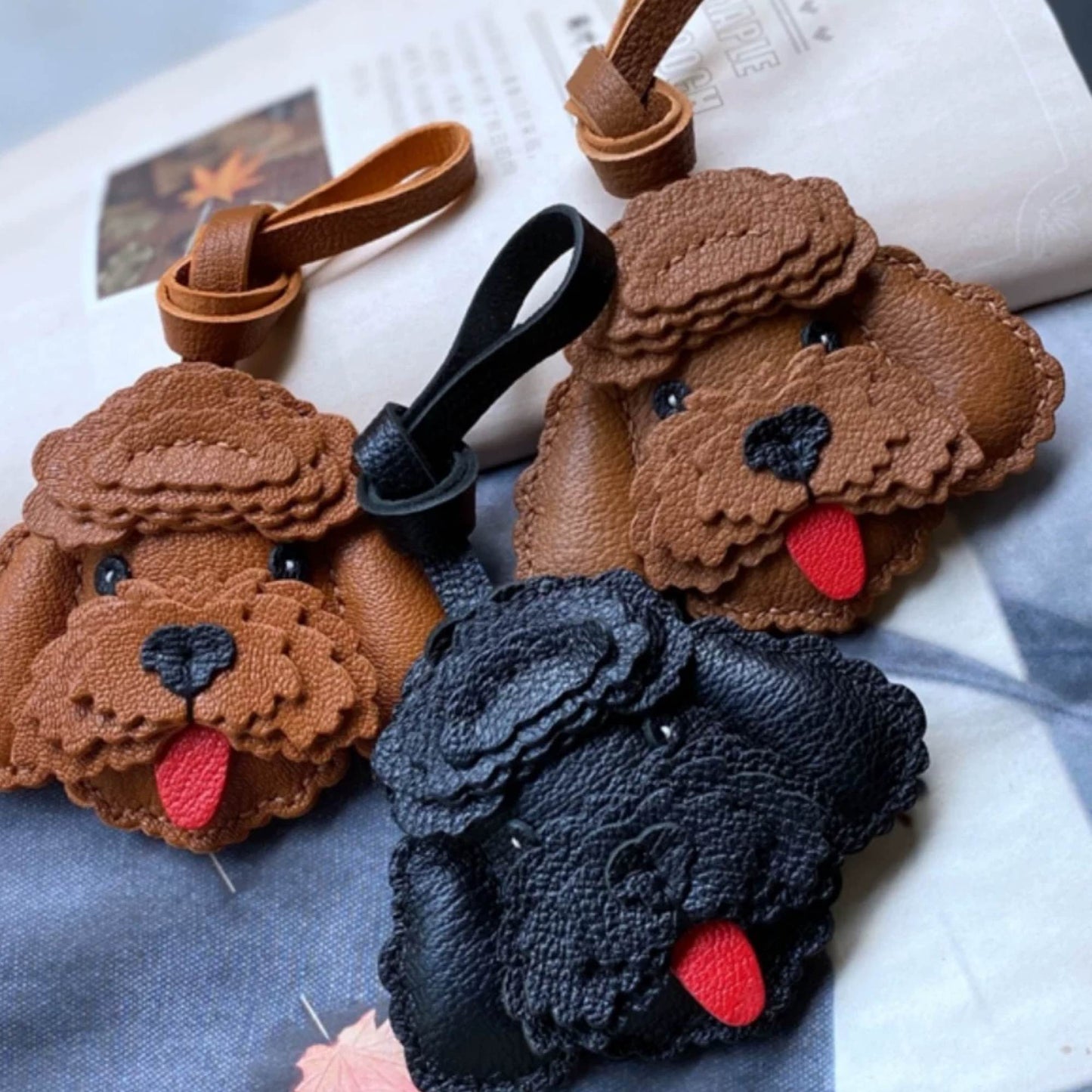 Leather Bag Charm - Customized Poodle Teddy keychain, Puppy Pendant