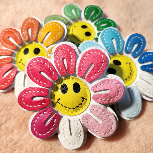 Leather Bag Charm - Colorful Smile Sunflower Charm - Inspired by Nature