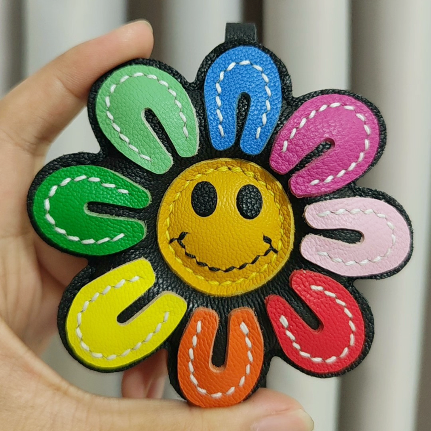 Leather Bag Charm - Colorful Smile Sunflower Charm - Inspired by Nature