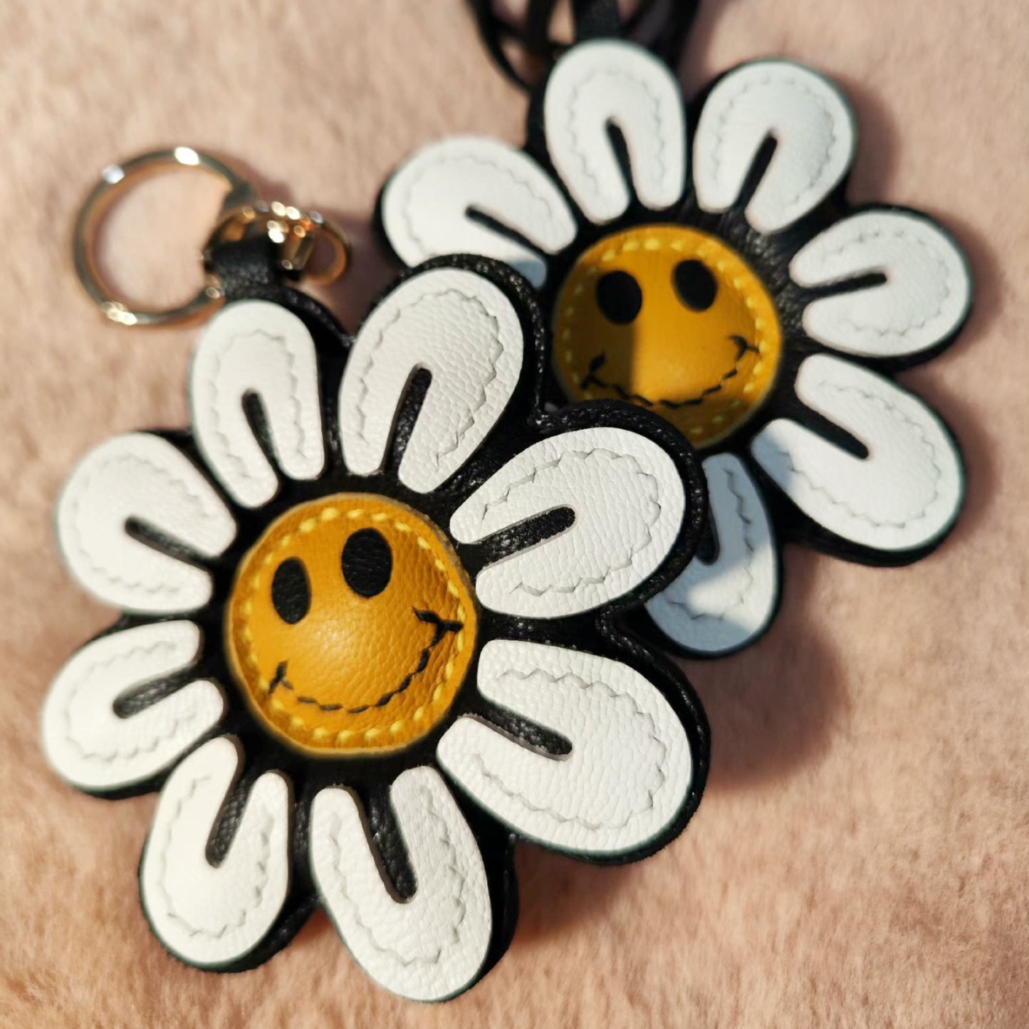 Leather Bag Charm - Smile Sunflower keychain - Sunflower Pendant