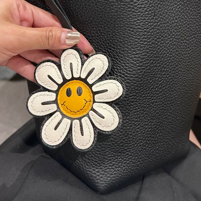 Leather Bag Charm - Smile Sunflower keychain - Sunflower Pendant