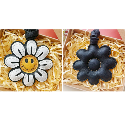 Leather Bag Charm - Smile Sunflower keychain - Sunflower Pendant