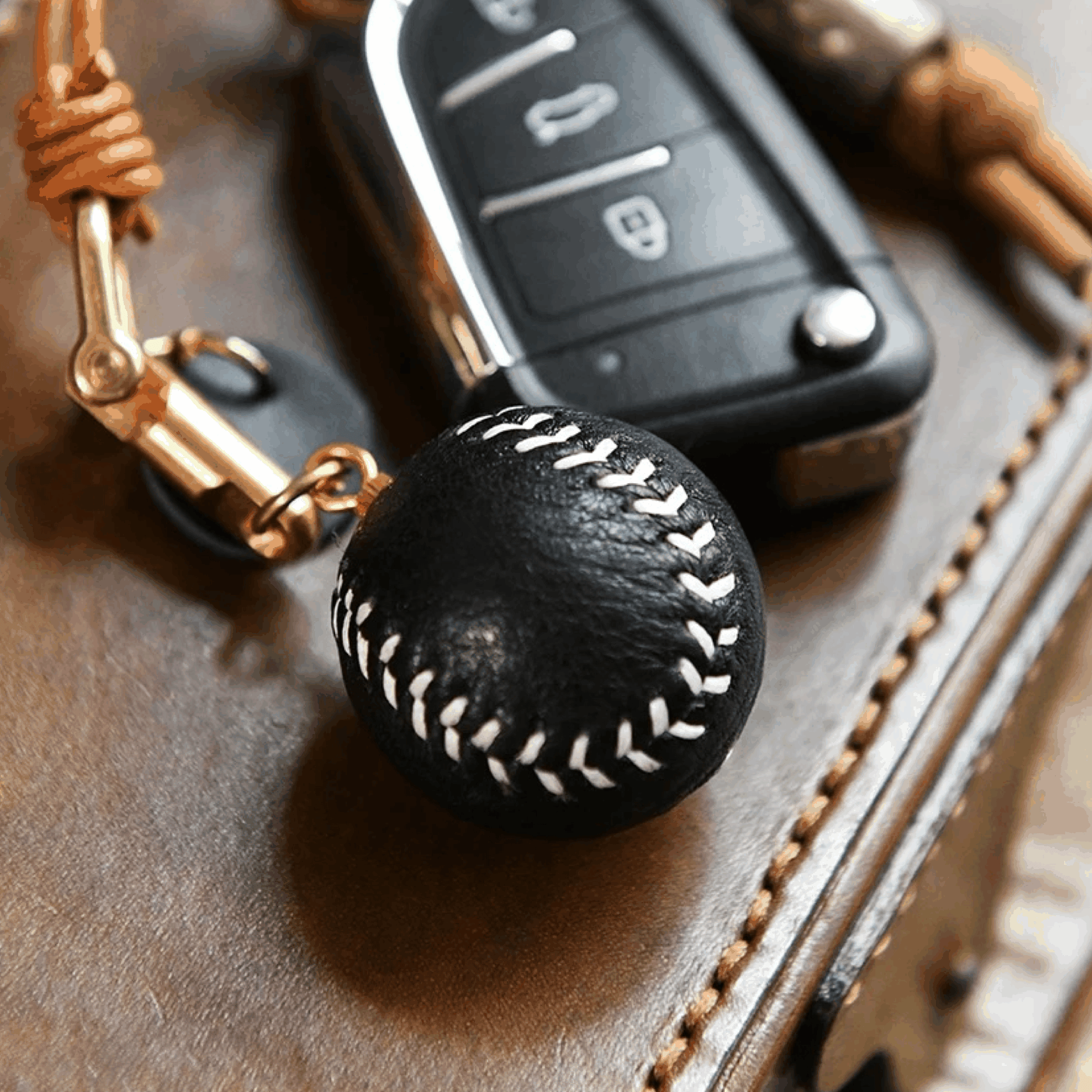 Leather Bag Charm - Leather Baseball Keychain, Sport Pendant