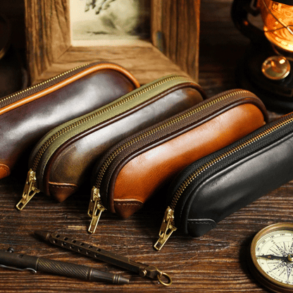 Leather Pencil Case - Vintage Zip Pouch for Pens, Stationery