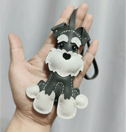 Leather Bag Charm - Cute Leather Puppy Keychain, Schnauzer Puppy Charm