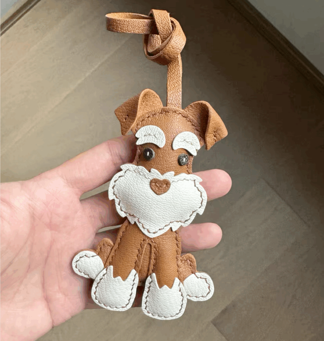 Leather Bag Charm - Cute Leather Puppy Keychain, Schnauzer Puppy Charm