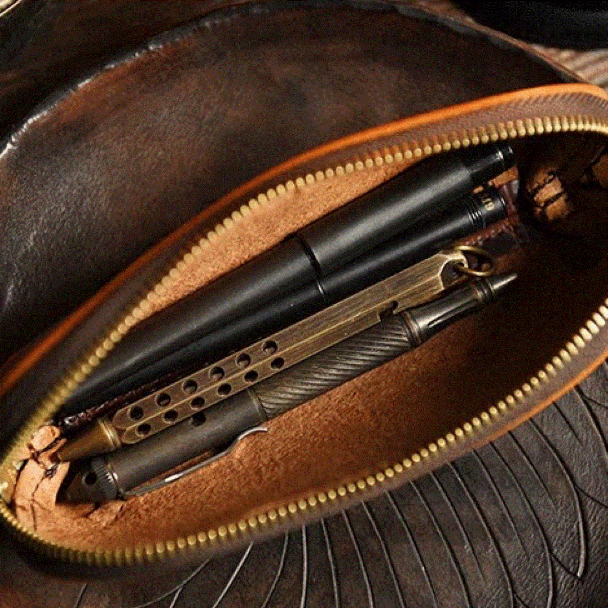 Leather Pencil Case - Vintage Zip Pouch for Pens, Stationery