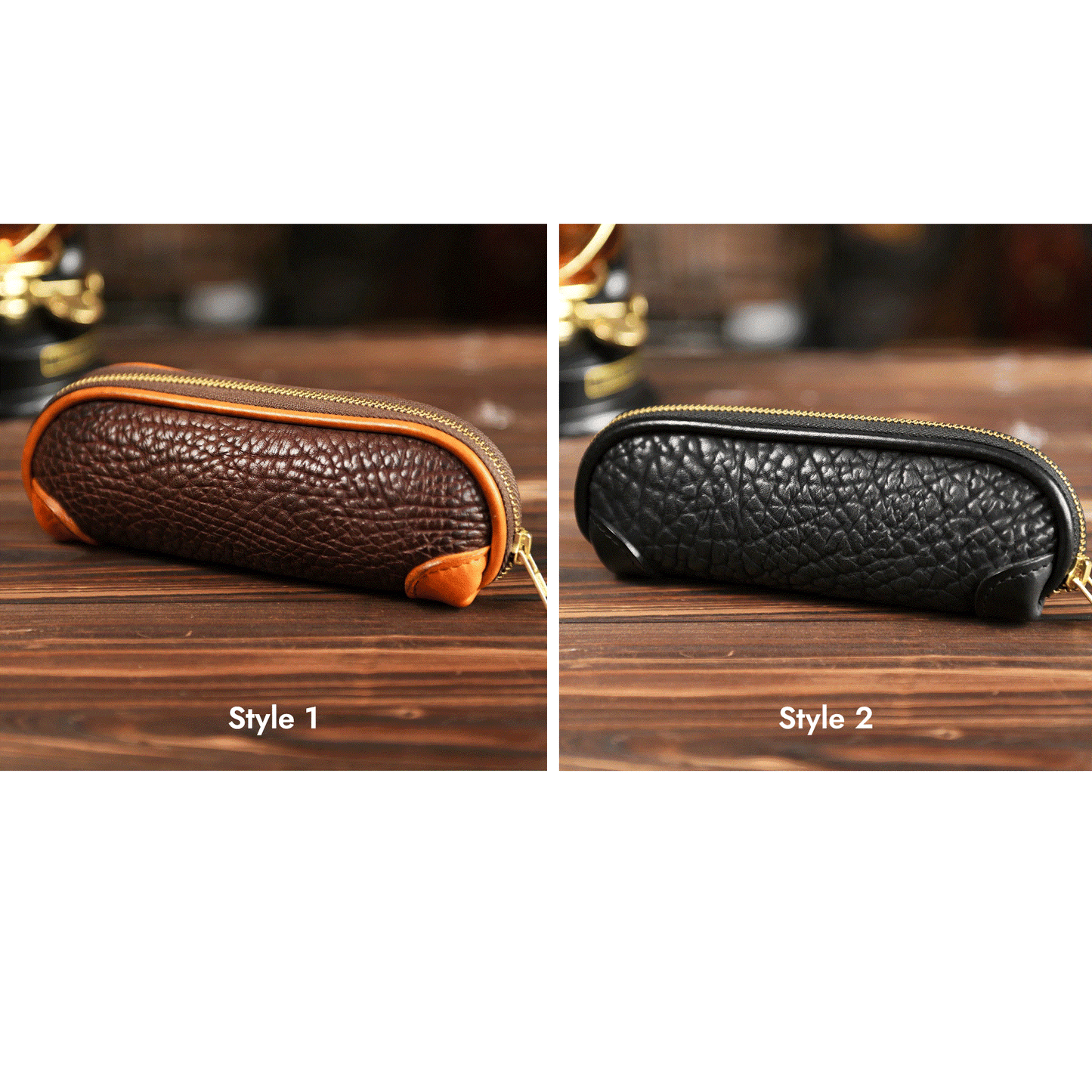 Leather Pencil Case - Vintage Zip Pouch for Pens, Stationery