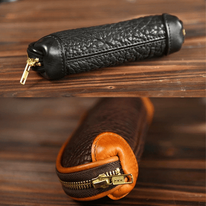 Leather Pencil Case - Vintage Zip Pouch for Pens, Stationery